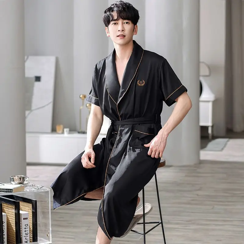 Hot Summer Plus Size Short Sleeve Ice Silk Satin Robes for Men Korean Loose Sleepwear Bathrobe Male Homewear Lounge Home Clothes view 3