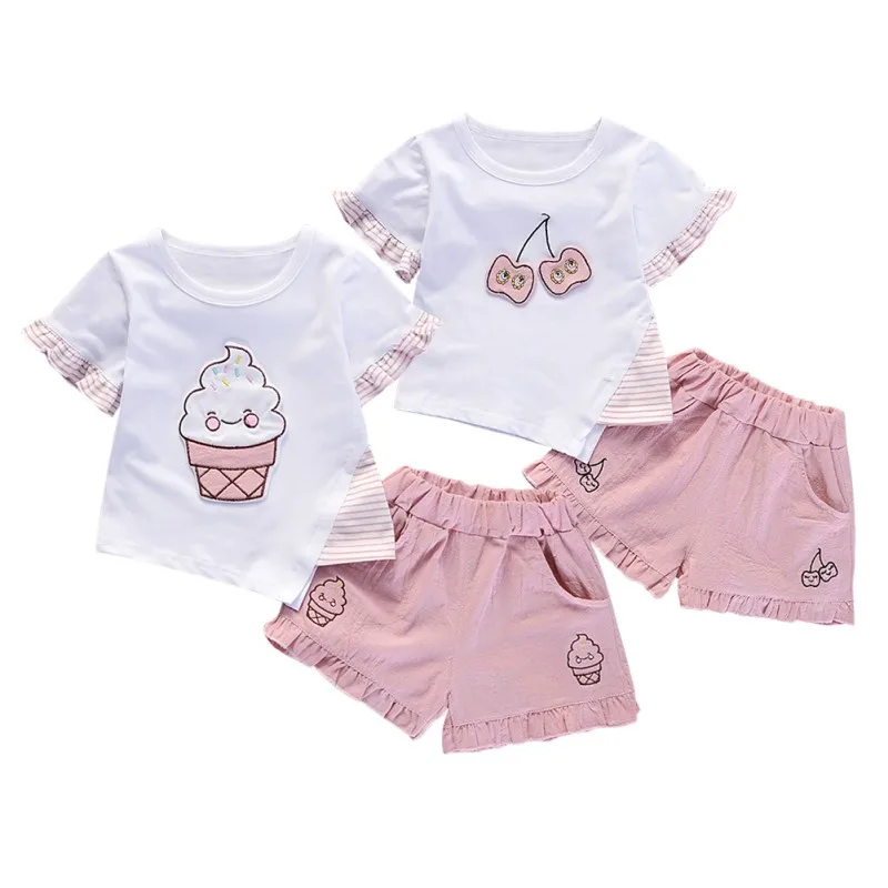 Summer Children's Sets Cute Cartoon Cotton Girls Sets Round Neck Short-sleeved Kids Suits For Girls Children's Clothes 1-5Y