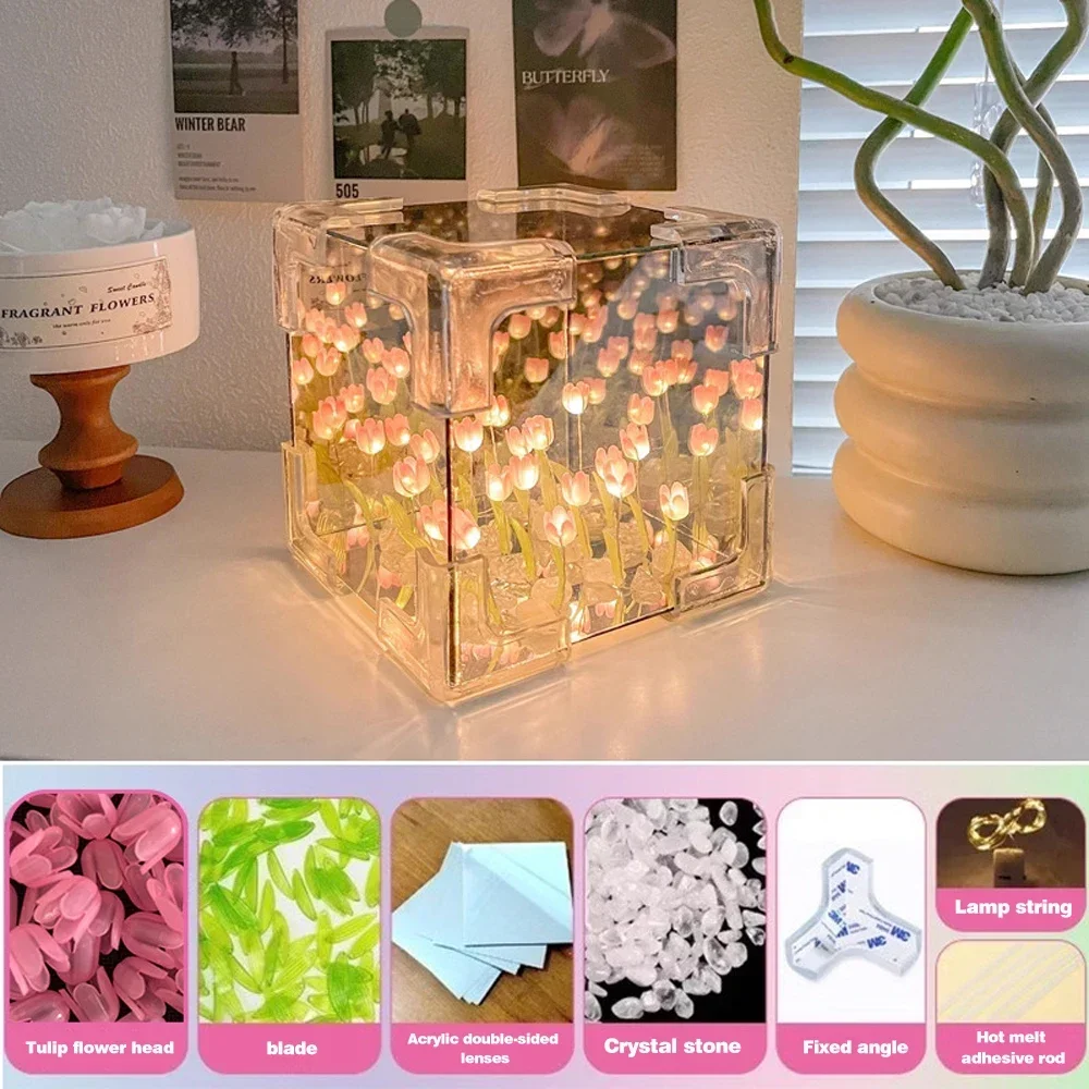 Handmade DIY Material Pack Tulip Sea Table LampLED Night Light Mirror Desk Lamp Bedroom Decorative Lamp Home Decoration Lamp