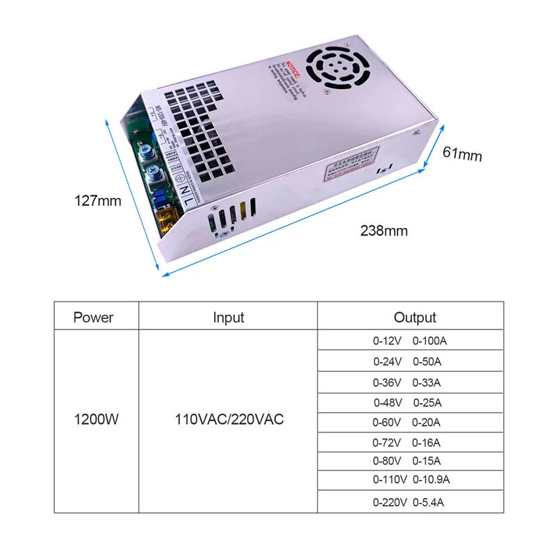 1200W Schakelende Voeding Smps Spanning En Stroom Verstelbare Gereglementeerde Voeding 220VAC-DC24V/36V/48V/60V/72V/80V MS-1200