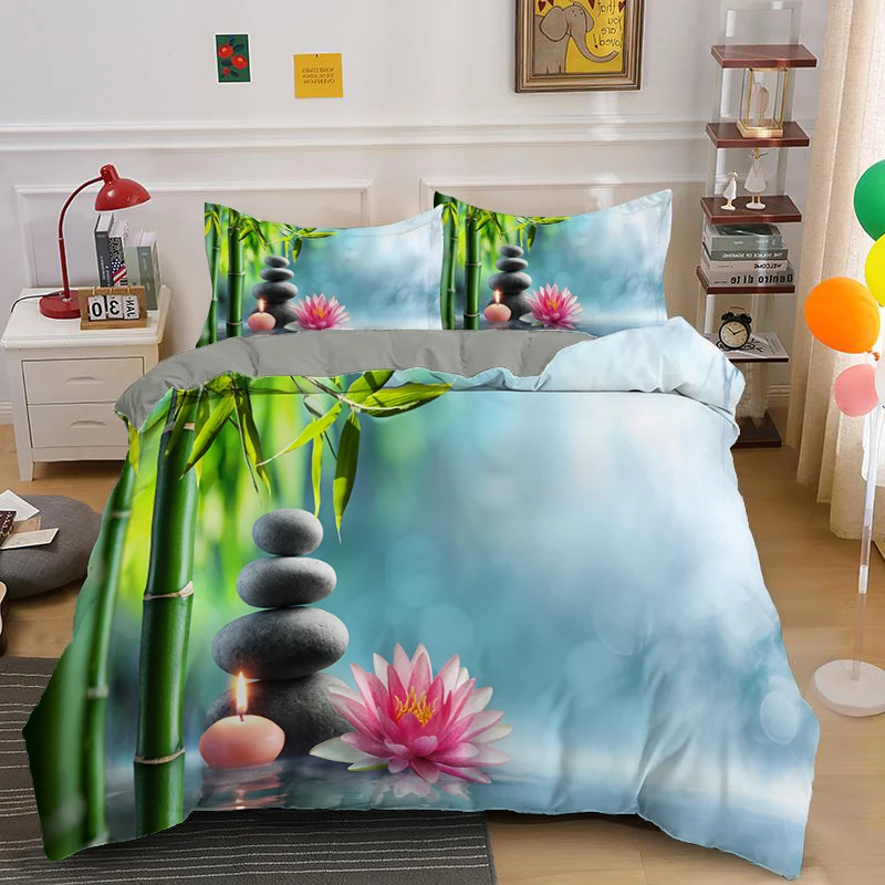 Zen Stone Green Bamboo Duvet Cover Set Nature Water Print Bedding Set Queen King Size Comforter Covers Decorative Home Textile