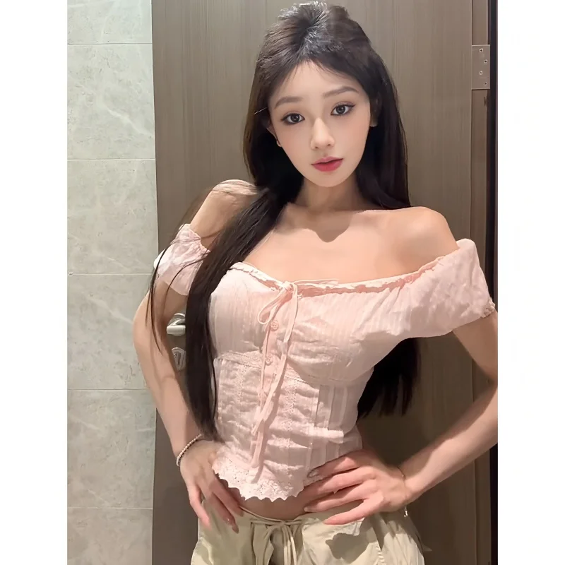 Pure Desire dentelle épissure ort Sve irt femmes été Super belle taille plissée ort oulder Bared haut doux Sle