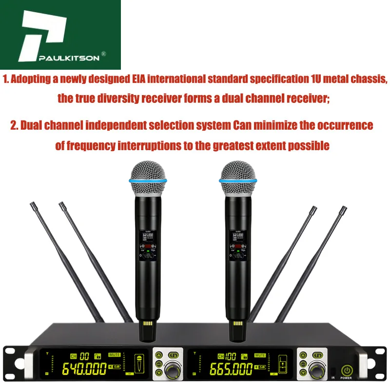 Paulkitson Professional Wireless microphone RU700 Radio System 2-Channel Microfone Headset Mic Lavalier Microfono For Stage