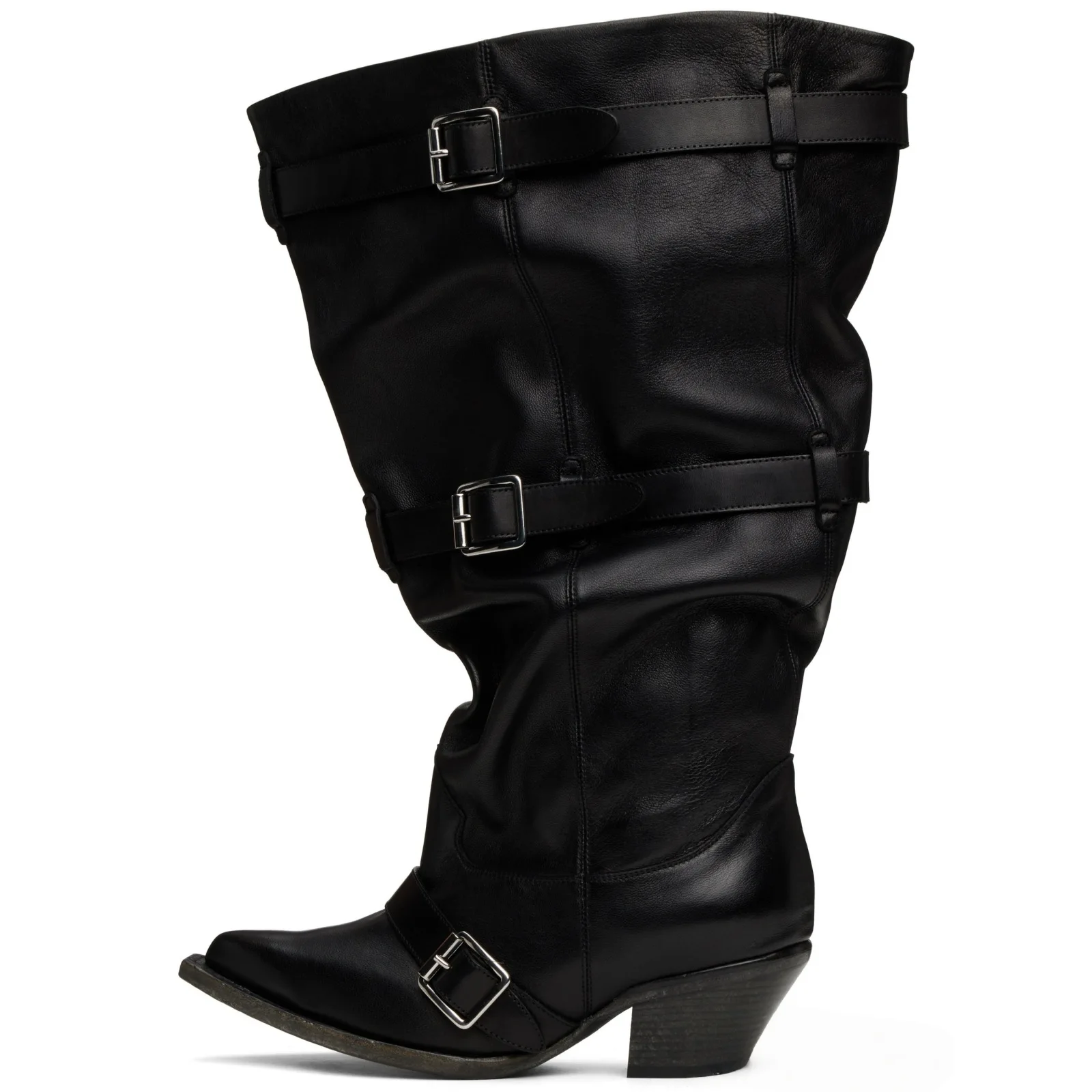 Soild Pointed Toe Knee-High Belt Buckle Women Knight Boots Chunky High Heels Buckle Strap Design Large Size Street Style Shoes