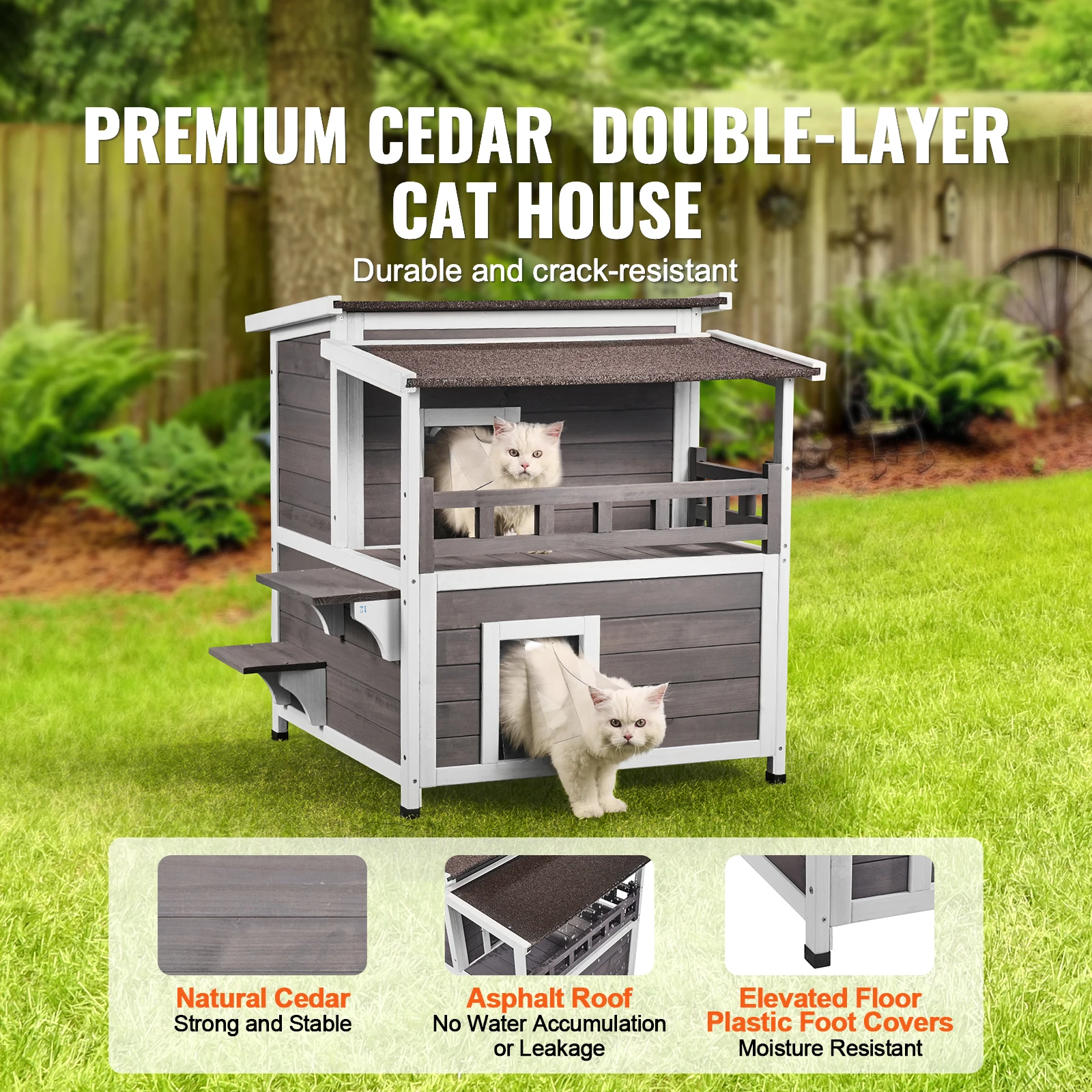 VEVOR Outdoor Cat House Weatherproof Feral Cat Shelter 2-story Large Outdoor Wooden Cat House with Balcony Door and Open Roof