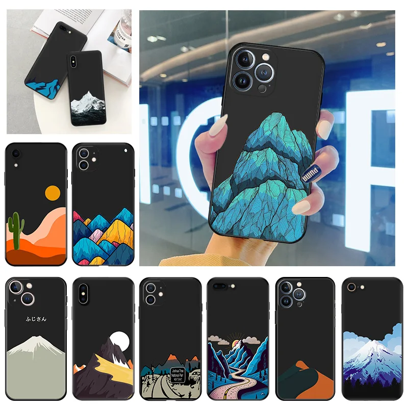 Phone Case for Apple iphone 16 Pro 15 12 11 13 Mini 14 Plus SE XR X XS Max Snow Mountain Volcano dune Soft Black Anti-Drop Cover