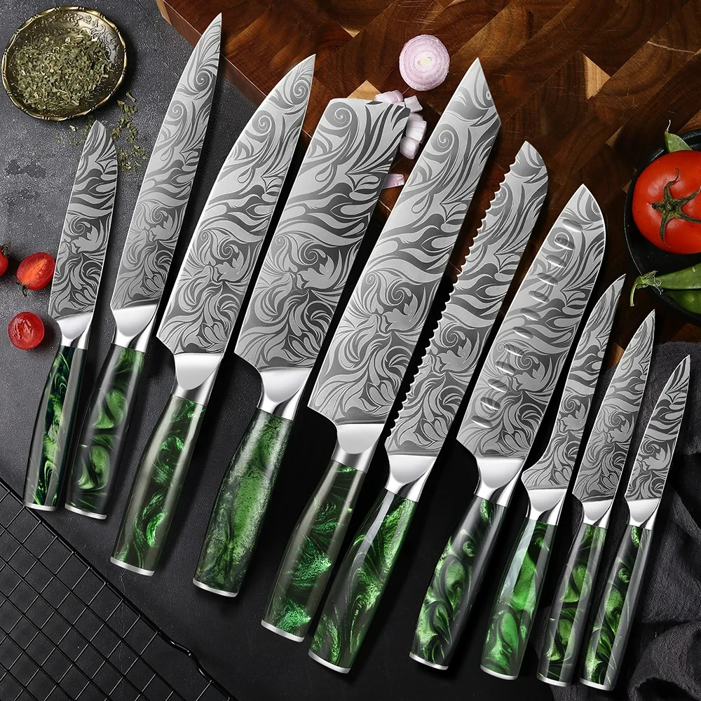 10Pieces Damascus Pattern Knife High Quality Kitchen Knife Set Sharp Chef Nakiri Santoku Boning Knives Series Green Resin Handle