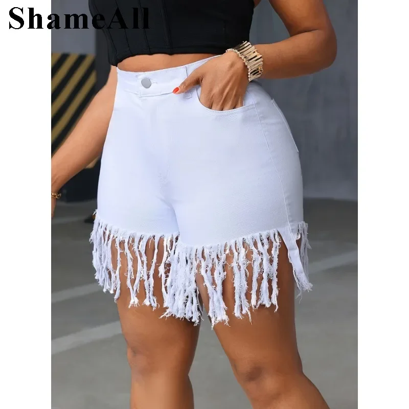 Pantalones vaqueros cortos blancos con borlas sexis de talla grande 4XL pantalones cortos de mezclilla blancos con cintura media elástica de verano para mujer