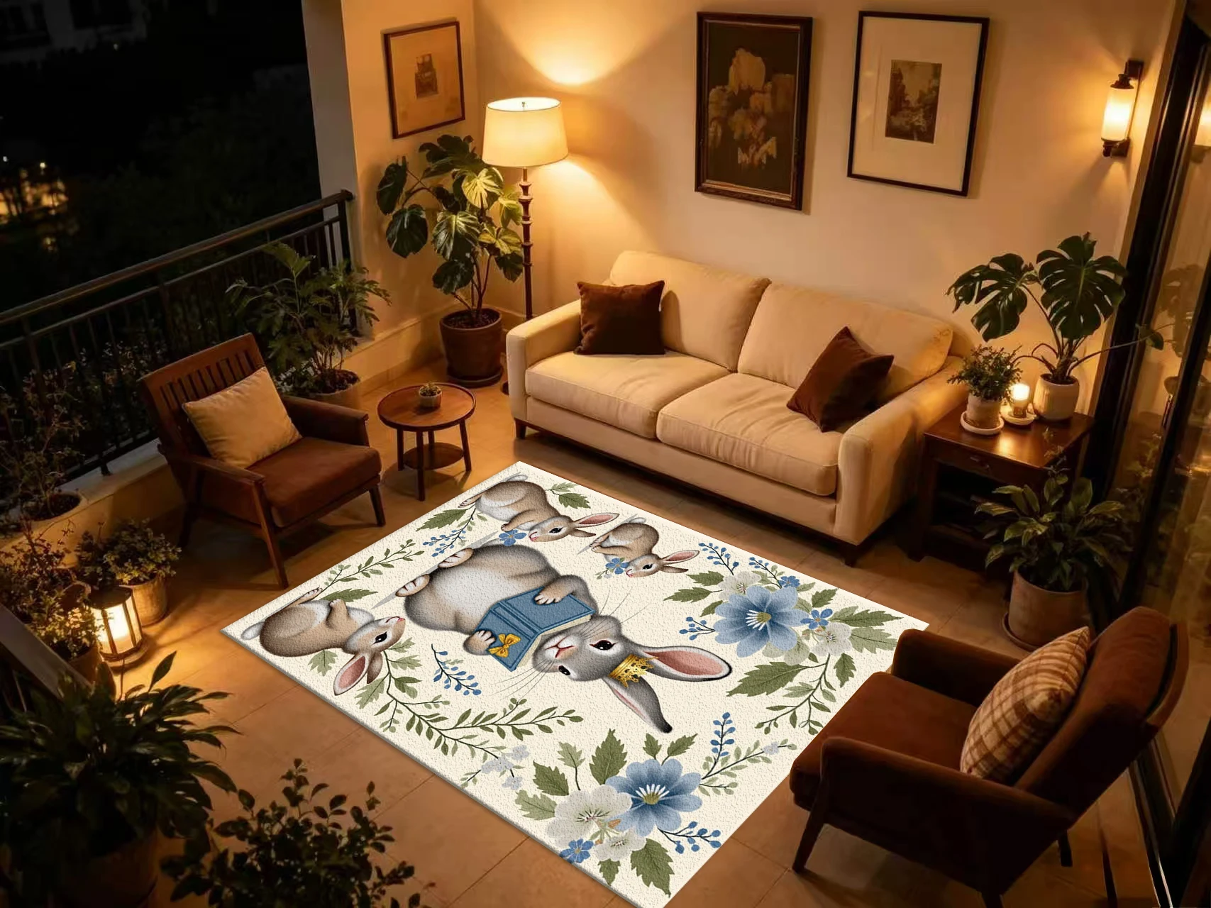 Cute Rabbit Reading Book Floral Carpet Flooring Vintage Animal Botanical Printed Area Rug for Household Interior Decor
