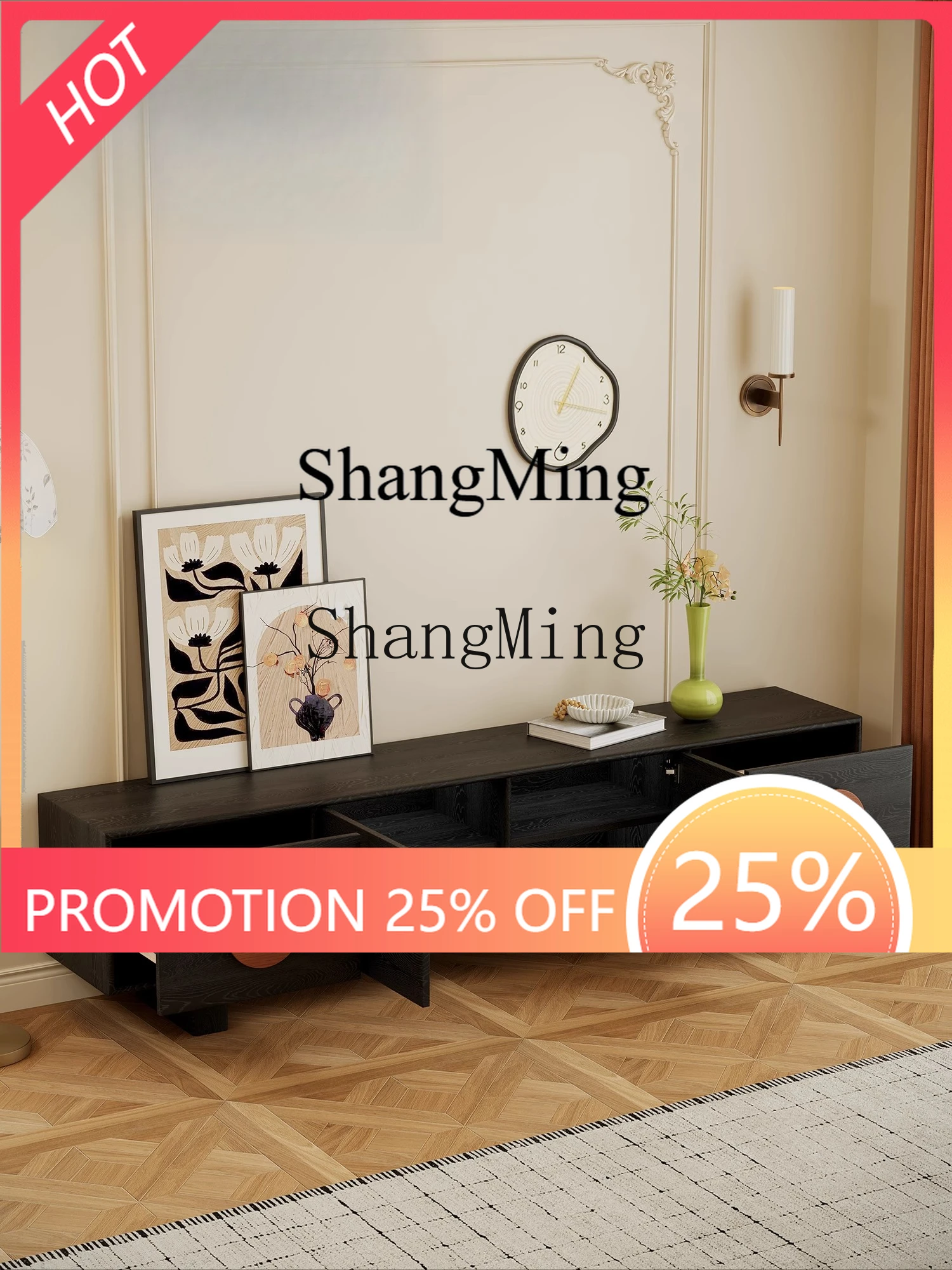 

FG Retro Black TV Cabinet Living Room New Solid Wood Tall Storage Cabinet Integrated