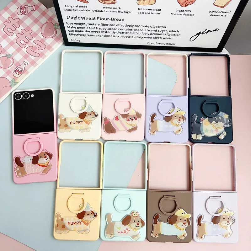 Ring PC+TPU Cartoon Phone Case for Samsung Galaxy Z Flip 5 6 7 8 Flip5 Flip6 Flip7FE Cute Dog Shockproof Protective Cover