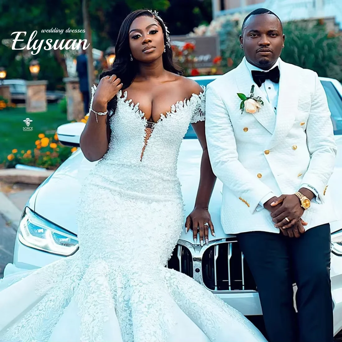 تخصيص قبالة الكتف اللؤلؤ الثقيل حورية البحر فستان الزفاف الأفريقي يزين بالإضافة إلى حجم أثواب الزفاف