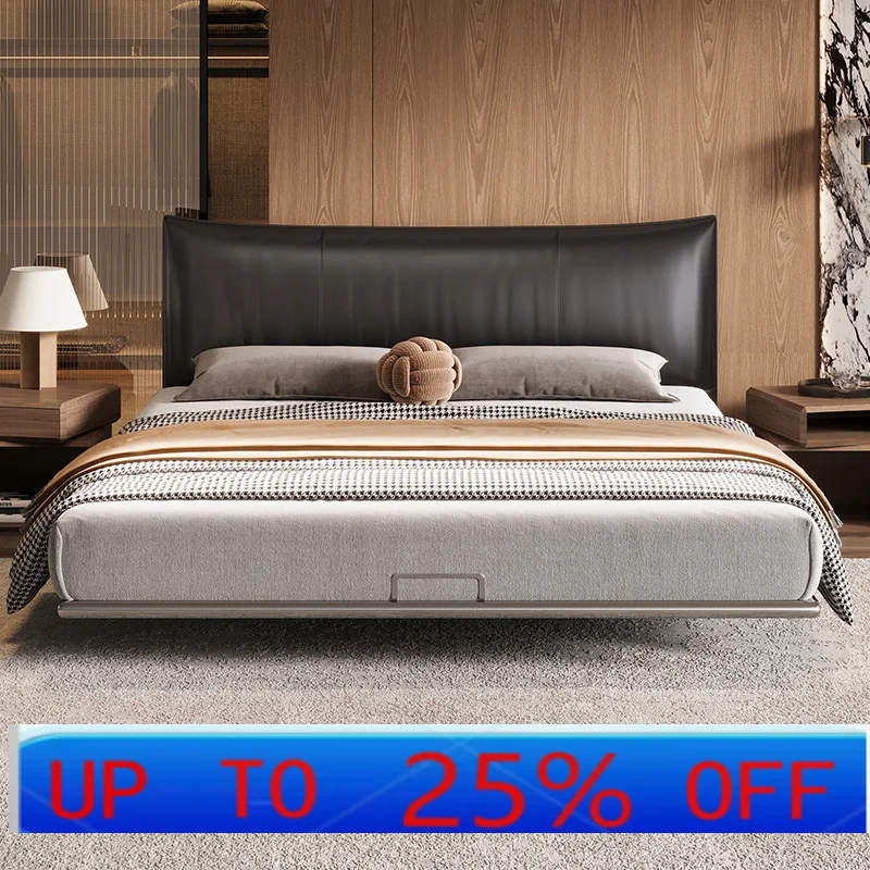 LTT Italian leather bed stainless steel frame simple black suspension double minimalist soft bag bed