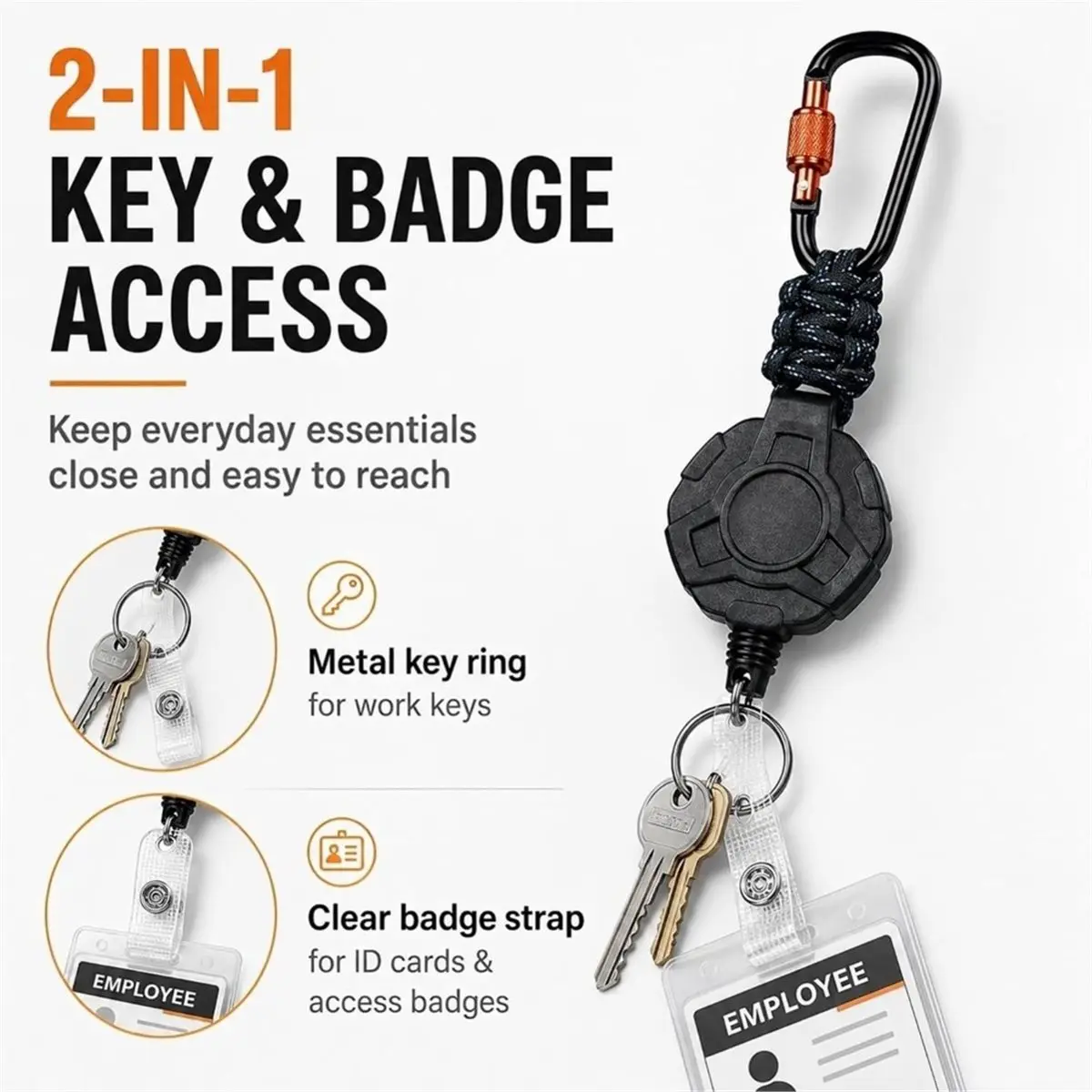 2 Pack Heavy Duty Retractable Keychain Badge Reel with Screw-Lock Carabiner