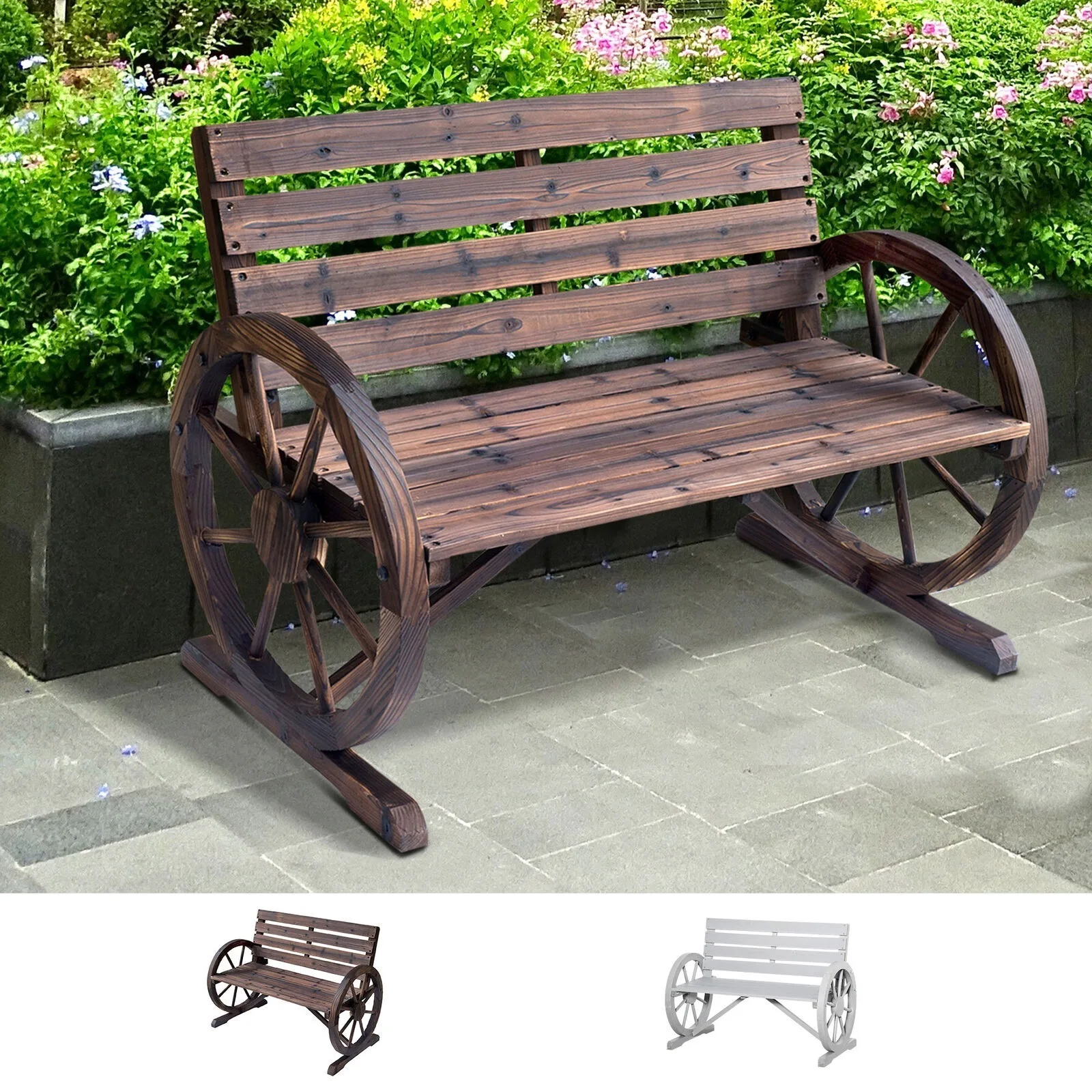 US Wagon Wheel Bench Garden Chair Loveseat Wooden Accent Outdoor Garden