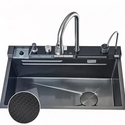 304 stainless steel honeycomb embossed large groove, kitchen sink, faucet digital display, waterfall water outlet