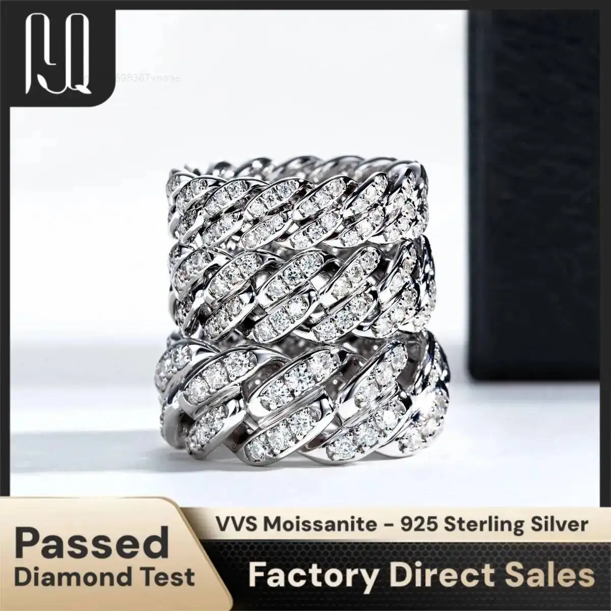 

PYQ Cuban Link Moissanite Ring 925 Sterling Silver, Luxury Couples Matching Rings, Fashion Jewelry Wholesale for Women & Men