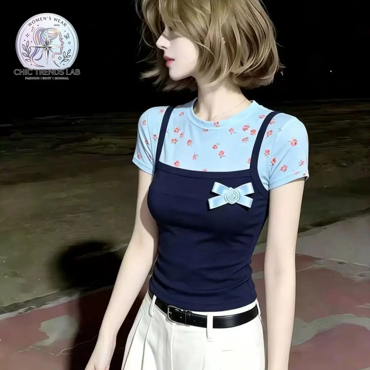 Women 2-in-1 Layered Floral Short Sleeve T-Shirt Bow Accent Cami Top Slim Fit French Style Sweet Coquette Y2K Summer Casual Tops
