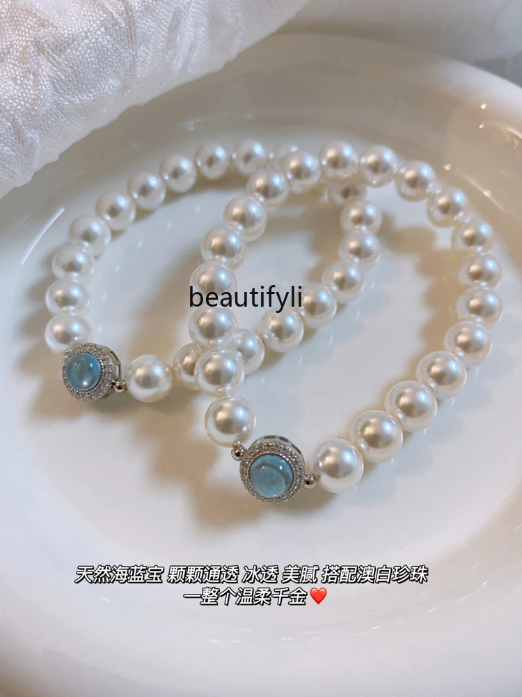 Original 925 Silver Sky Blue Sapphire White Pearl Bracelet Female Temperament French Style Vintage Engraving Elastic Bracelet