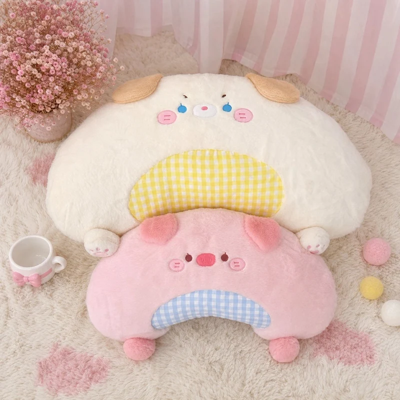 Bed Headboard Cushion Pink Pig Yellow Chick Cream White Dog Multi Size Plush Pillow with Gingham Panels for Reading
