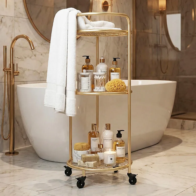Bathroom Multi-layer Shelf Wrought Iron Floor-to-ceiling Towel Rack Wheeled Mobile Storage Rack Toilet Dirty Clothes Basket