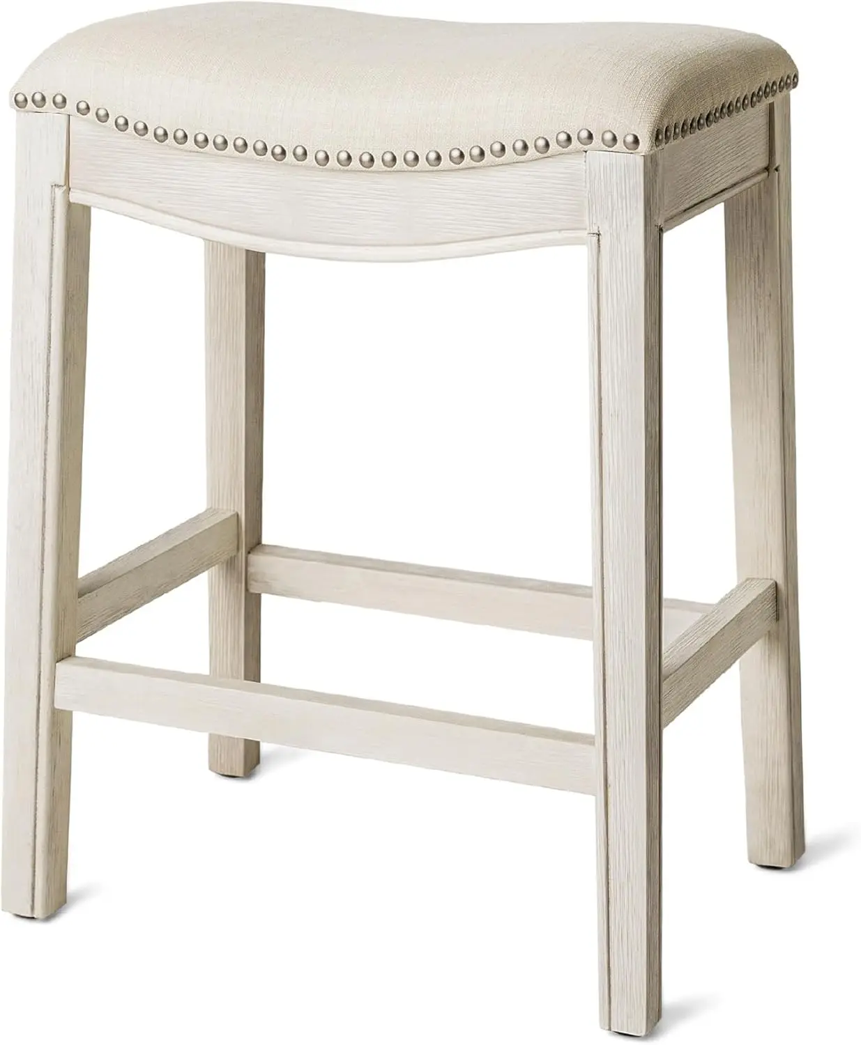 Adrien 26 Inch Counter Height Upholstered Backless Saddle Barstool in White Oak Finish with Natural Color Fabric Cushion Seat