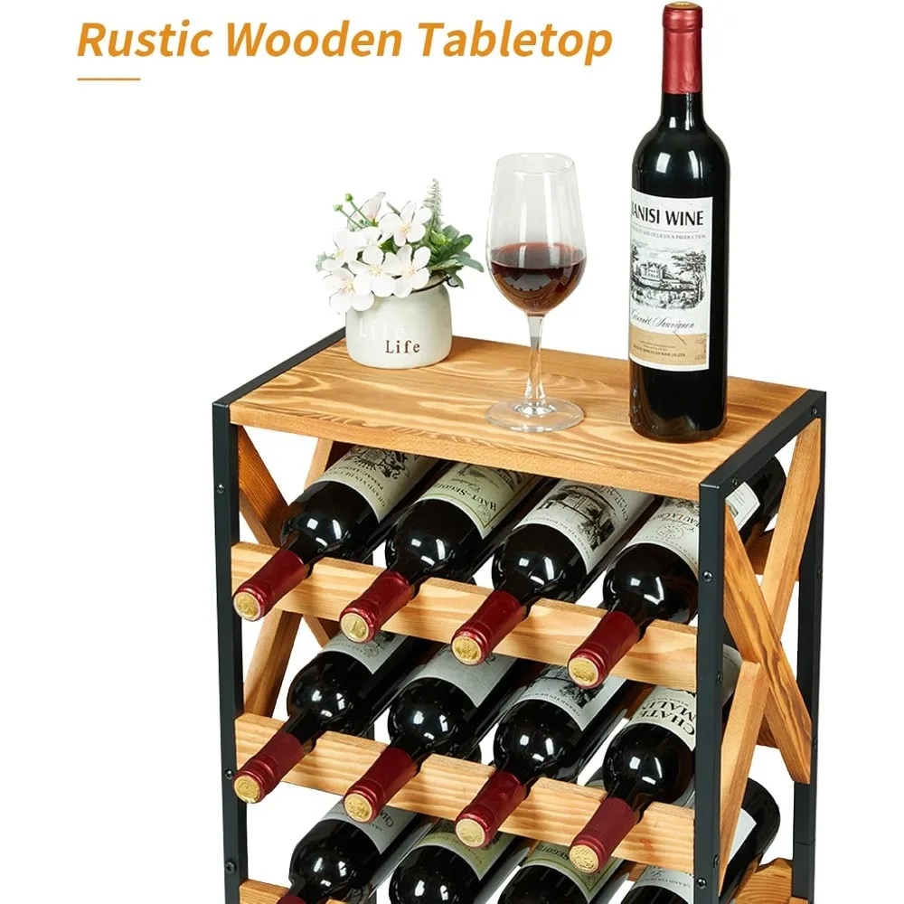 Rack de vinho para 20 garrafas, piso autônomo com tampo de madeira, prateleira de armazenamento para exibição de vinho de 5 camadas sem oscilação, vinho modular empilhável