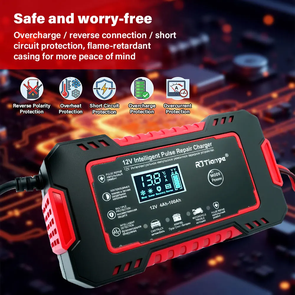 20A/10A Car Motorcycle Battery Charger 12V/24V Smart Charger Lithium AGM GEL Lead-Acid LiFePO4 Battery Chargers