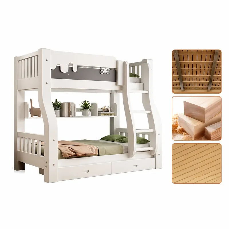Solid Wood Bunk Bed Multi Functional High Low Bed Combination Thickened Sturdy Frame Space Saving Design for Bedroom