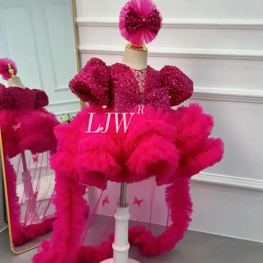 

2025 new Red Fluffy Baby Girl Birthday Princess Flower Girl Dresses girl dress up dance party Weddings Party Pageant with Train