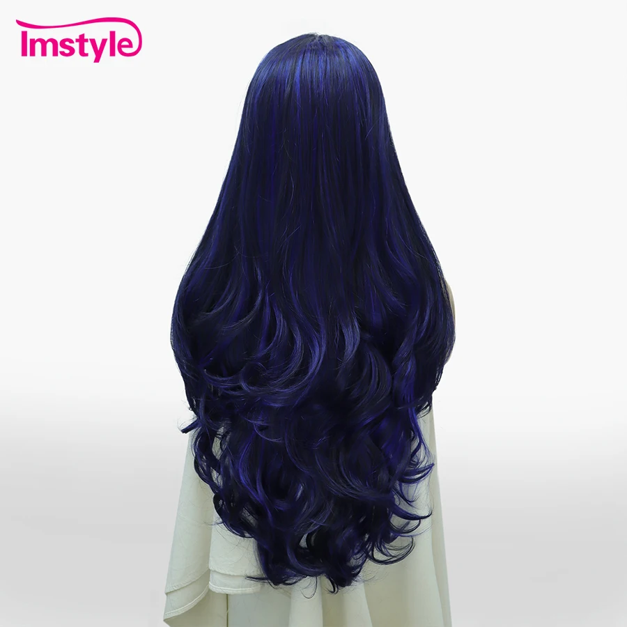 Imstyle Synthetic Lace Front Wig Blue Black Mixed Long Wig Natural Wavy Wigs For Women Heat Resistant Fiber Cosplay Wig