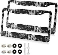 Cool Dragon Japanese Style License Plate Frames 2PCS Car License Plate Holder with Screw Caps Set Decoration for US Vehicles