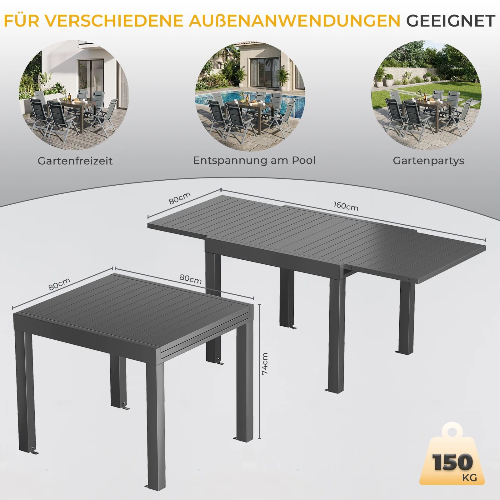 Devoko Table de repas extensible multifonctionnelle en alliage d'aluminium pour jardin, terrasse et fêtes