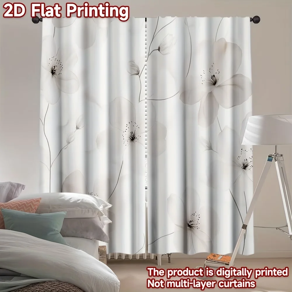 2PCS Digital Printed Curtains, Light White Floral Pattern Subtle Delicate, Window Drapes for Living Room Bedroom Home Decoration