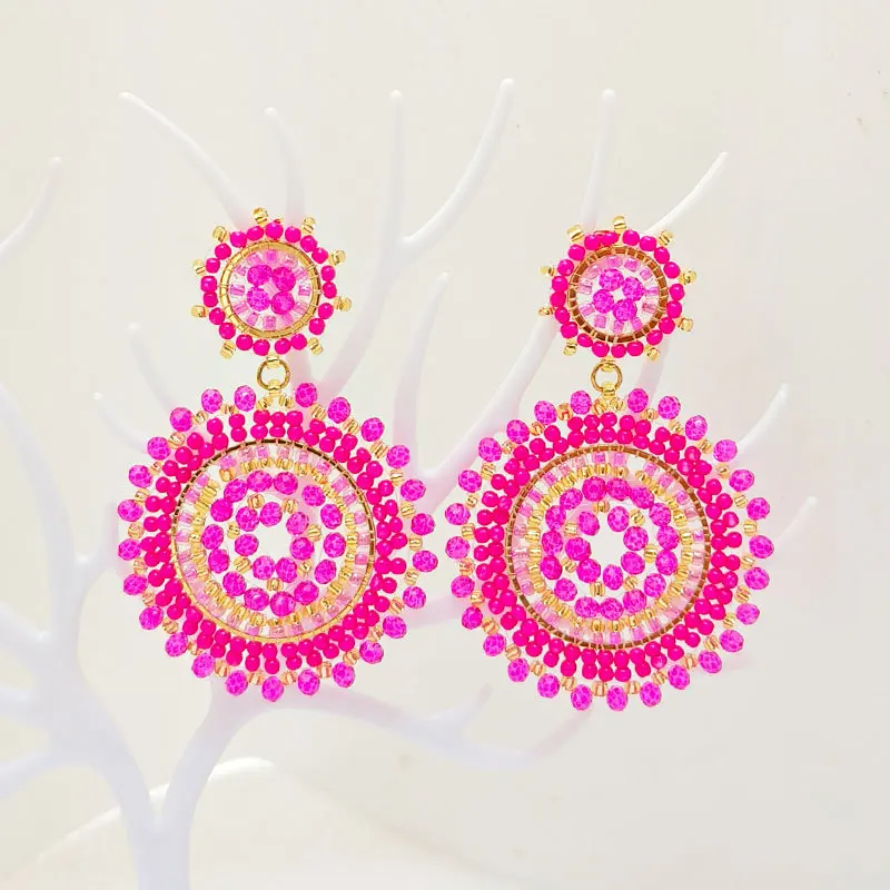 Beaded earrings Originality Roundness Crystal Sunflower Hand knitting Bohemia Alloy Tide Simple Rice bead earrings