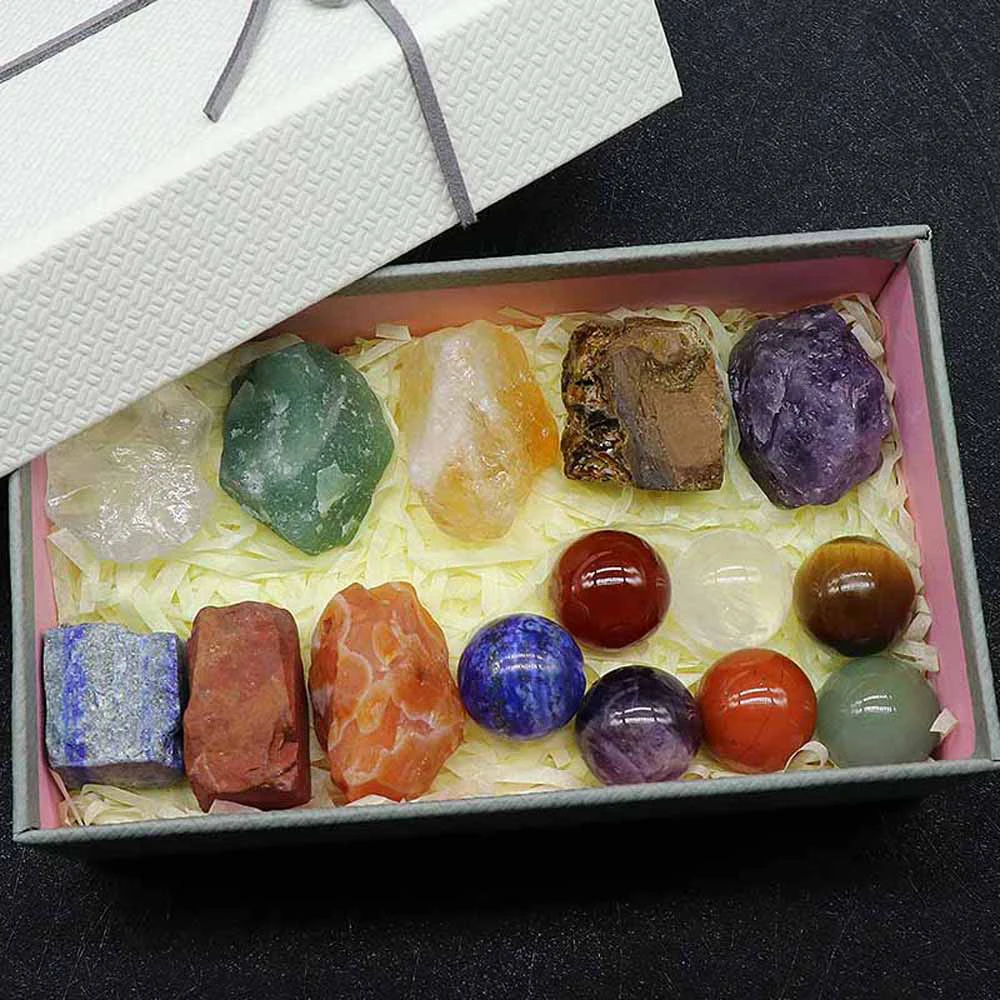 7 Chakra Crystal Stone Ornament Set Natural Clear Quartz Citrines Energy Healing Fengshui Birthstone Home Decortion