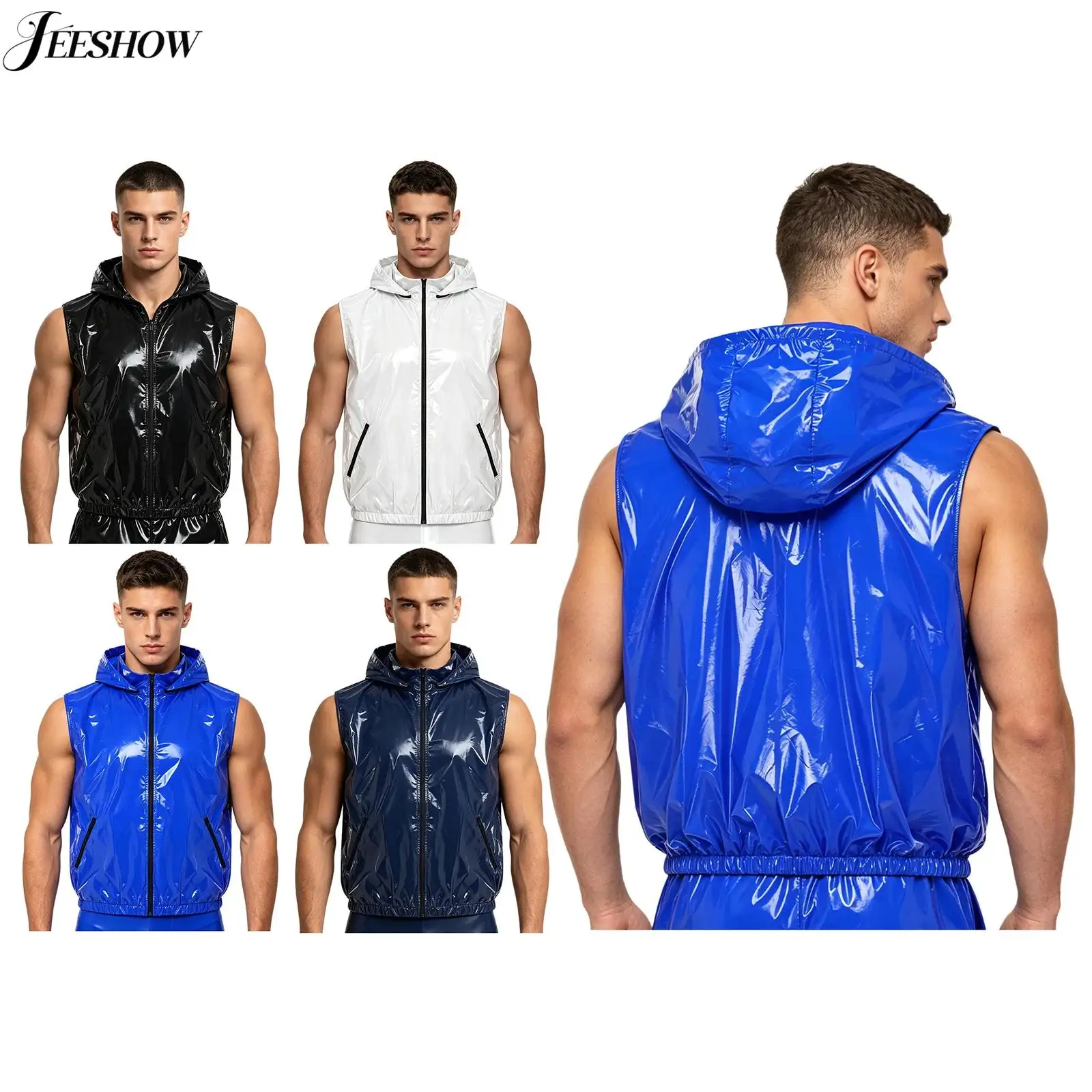 Mens Waterproof Front Zipper Vest with Detachable Hood Sleeveless Side Zipper Pockets Tank Top Waistcoat for Cycling Sports