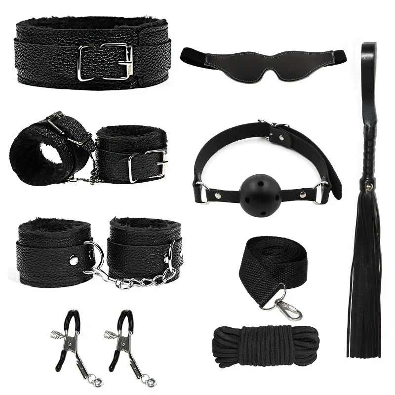 Brinquedos sexuais bdsm bondage kits conjunto de retenção de couro genuíno algemas colar mordaça vibradores brinquedos sexuais para mulheres casais jogos adultos