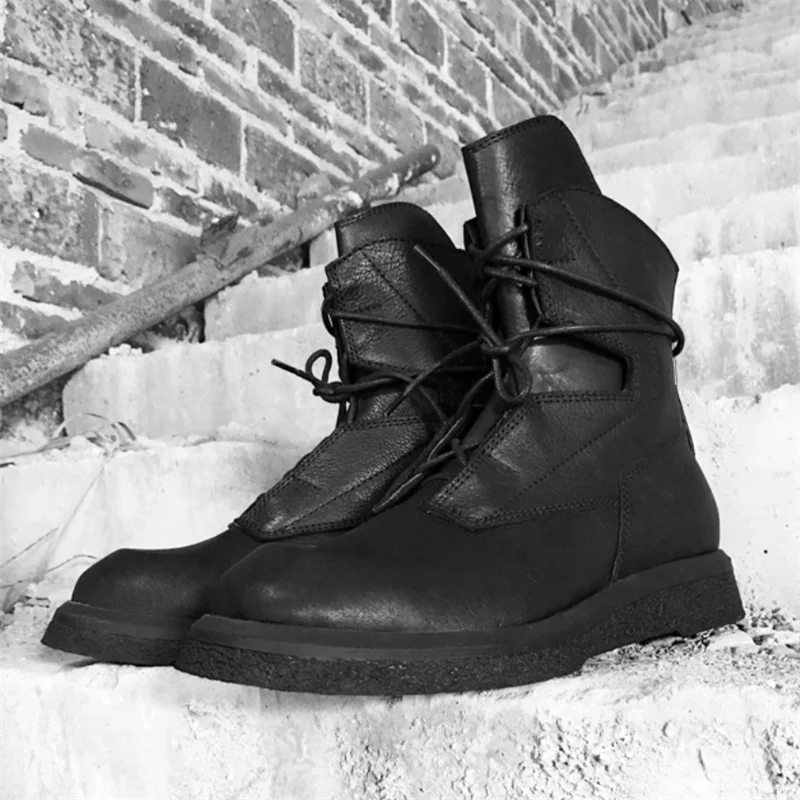 

Genuine Leather Man Black Boot Waterproof Men Thick Soled Mid Boot