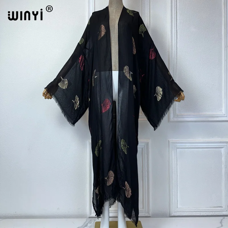 WINYI letnie haftowane seksowny kardigan okrycie plażowe strój kąpielowy eleganckie afrykańskie kobiety otwierana abaya wakacyjna sukienka plażowa