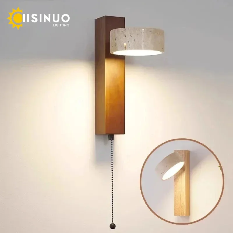 Wabi Sabi Style Natural Yellow Travertine Stone Wall Lamp Rotable With Pull Chain Switch LED Walnut Wood Decor Light for Bedroom