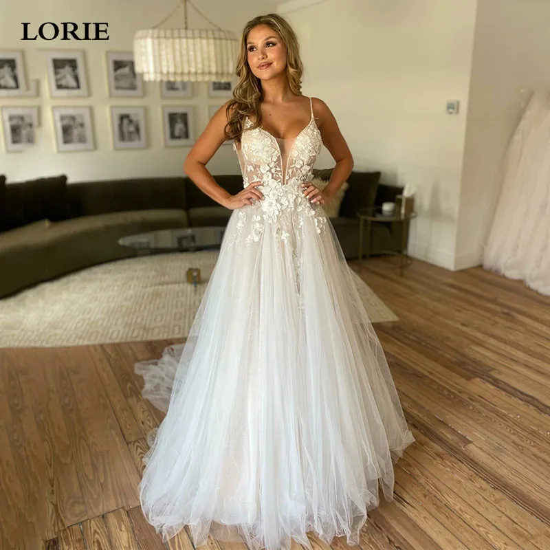 

LORIE V Neck Boho Wedding Dresses A Line Spaghetti Straps Appliqued Lace Bride Dress Elegant Appliqued Lace Wedding Gowns 2023