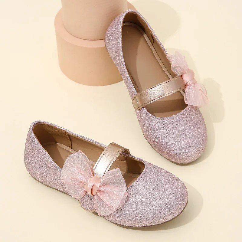 Cute Bow Shine Kids Princess Shoes for Party Wedding Shows 2023 New Summer Soft Children Casual Shoes for Girls Classic Britain