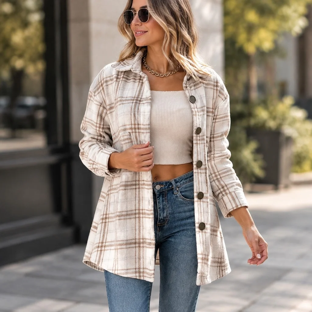 Plaid Coat Loose Fit Open Front Style with Patchwork Construction Long Sleeves Collar Lapel Western Style Casual Women Jacket
