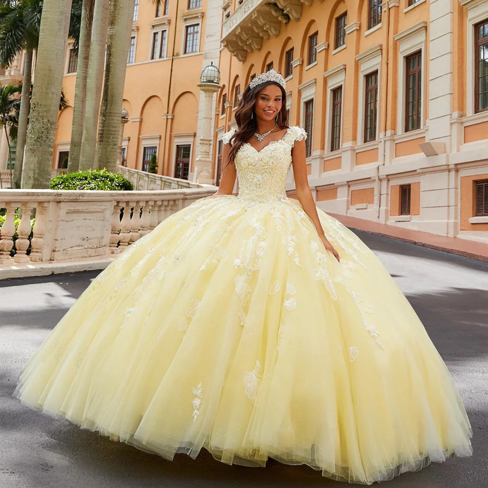 

Желтые платья Quinceanera 2025 года, бальное платье для выпускного вечера с короткими рукавами, кружевное мексиканское милое платье 15 16, новое праздничное платье, Vestidos Mis xv años, день рождения