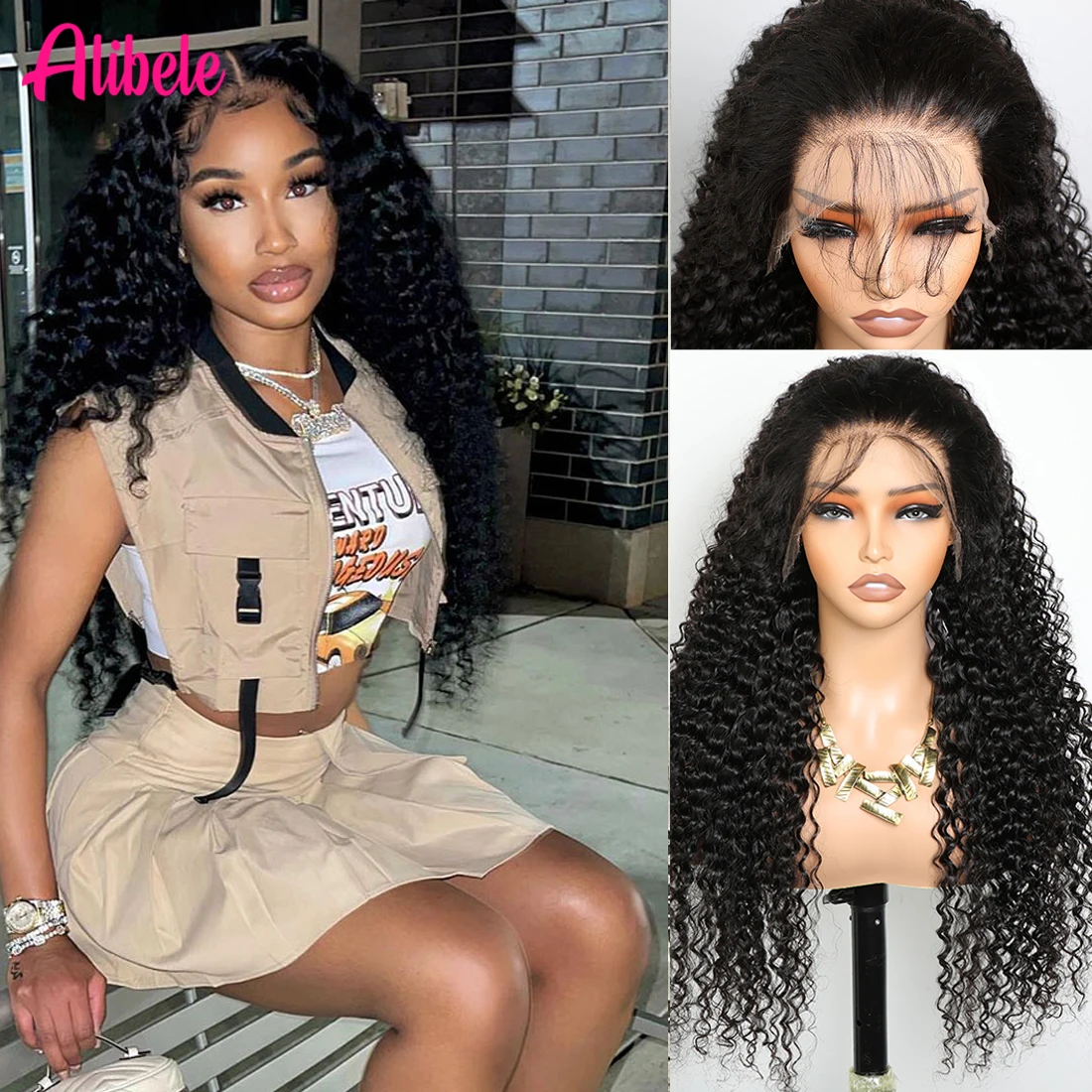 

Curly 13x4 Lace Front Wig ALIBELE 12A Virgin Hair Pre Plucked Transparent Lace Frontal Human Hair Wig For Black Women
