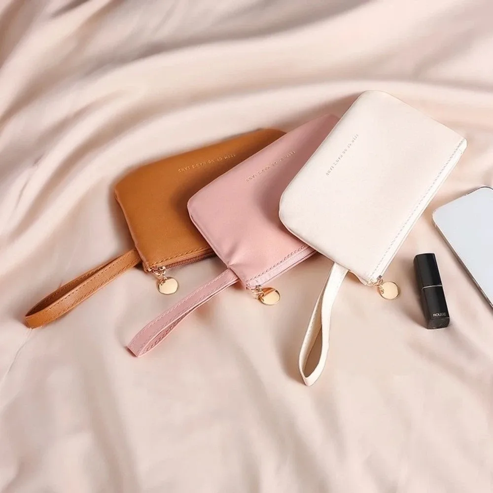 Portable Zipper Card Holder Wallet Ultra-thin PU Leather Makeup Bag Solid Color Multi-purpose Storage Bag Women
