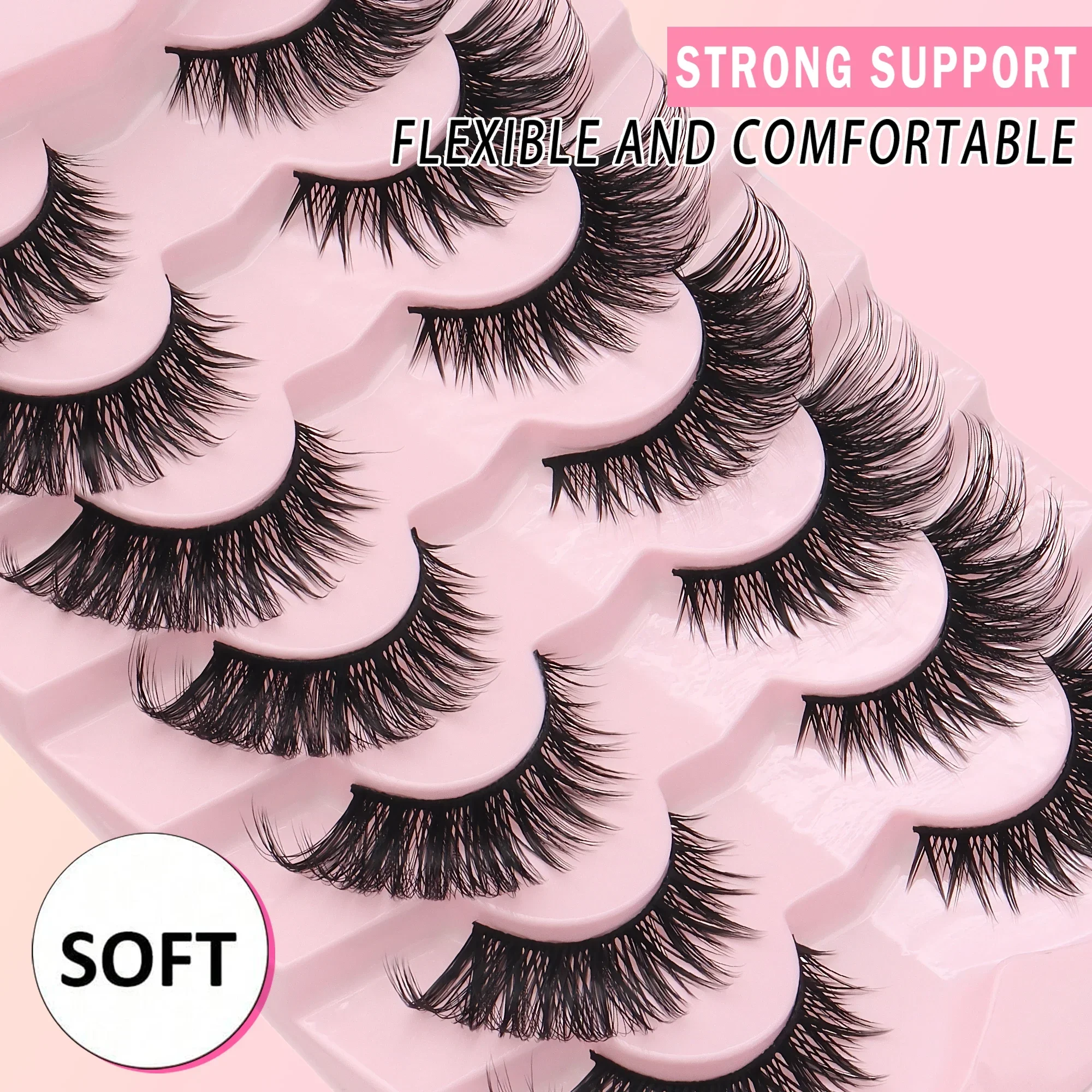 7 Pairs 6D Wispy Fox Eye Lashes Faux Mink Fluffy Cat Eye False Eyelashes Hard Strip Reusable Daily Makeup For Beginners