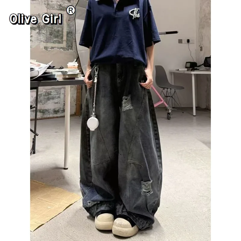Women Jeans Japanese Y2K Streetwear Tomboy Ripped Hole Denim Pants 2000s Dark Academia Cyber Punk Grunge Harajuku Baggy Tie Dye