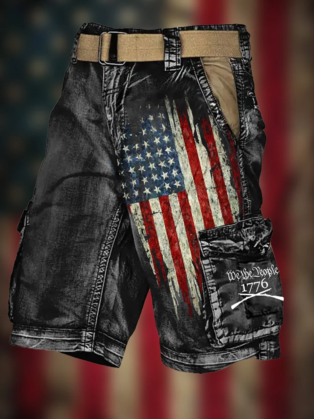 2024 Hot selling American Flag Printed Workwear Pants Loose Casual Street Style Belt Less Men's Multi Pocket Workwear Pants